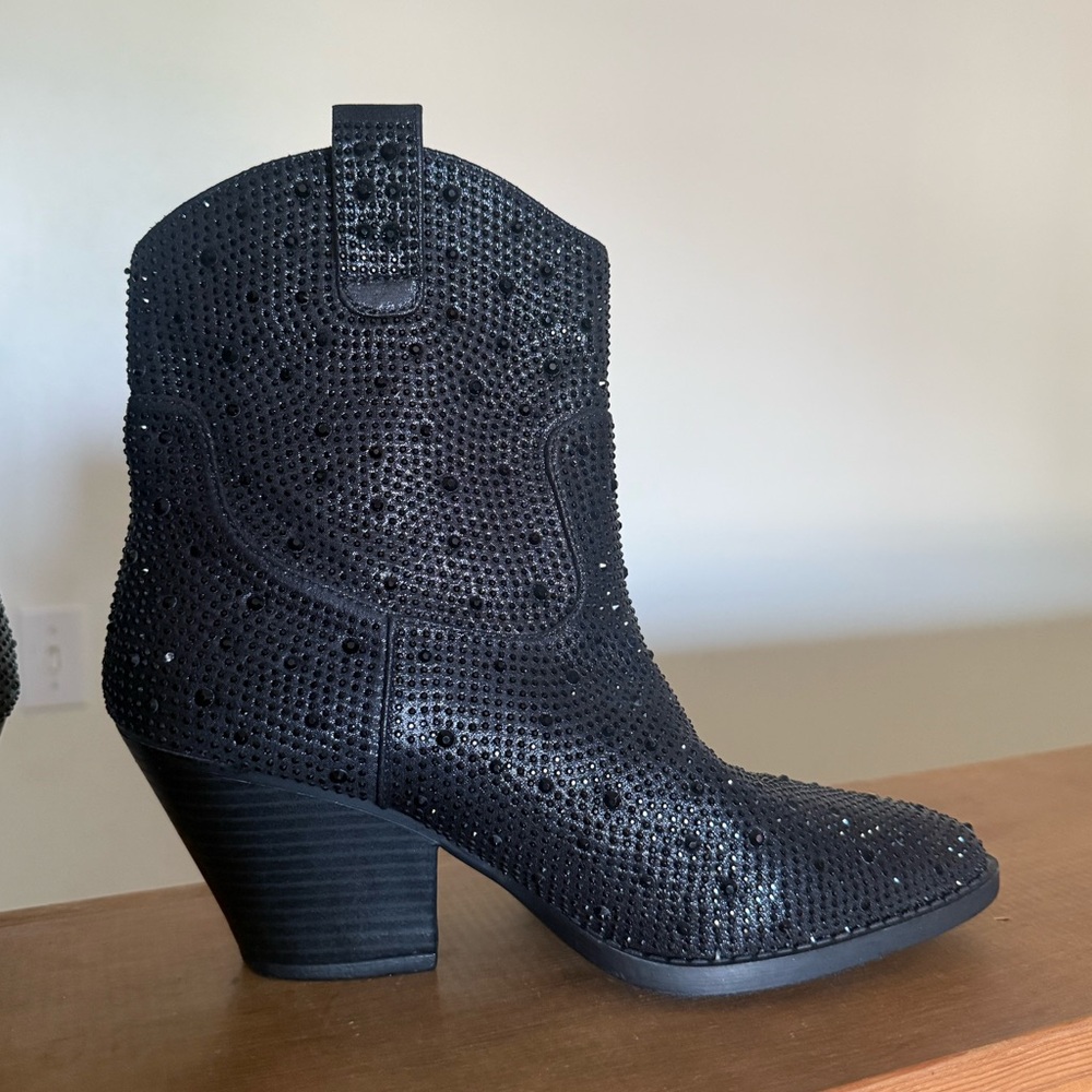 Black Rhinestone Embellished Western Ankle Booties - Women - Size 8